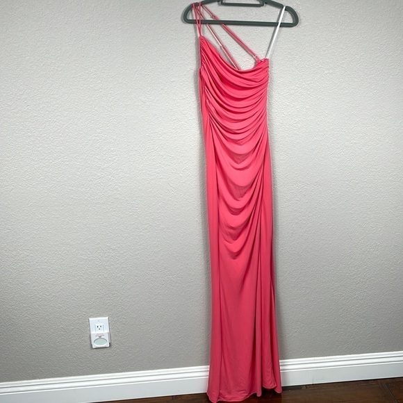 New Katie May Winnipeg One Shoulder Ruched Knit Gown Slit Coral Pink Sz M - Picture 2 of 12